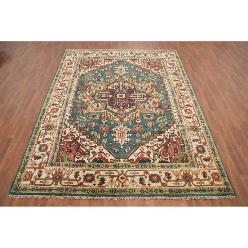 Hand Knotted Oriental 100% Wool Carpet Traditional Medallion Navy Blue & Blues Heriz (serapi) Area Rug - 9' 10'' X 7' 11''