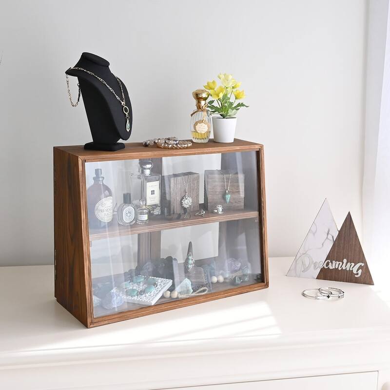 Tempered-Glass Wood Display Case with Double Doors - S - Brown