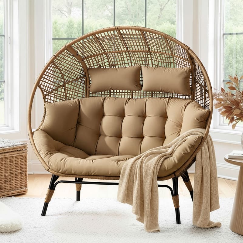 FINCATI 2-Person Indoor/Outdoor Wicker Egg Chair Loveseat, 57.1-in Wide, 6.5-in Cushion, 680-lb Capacity