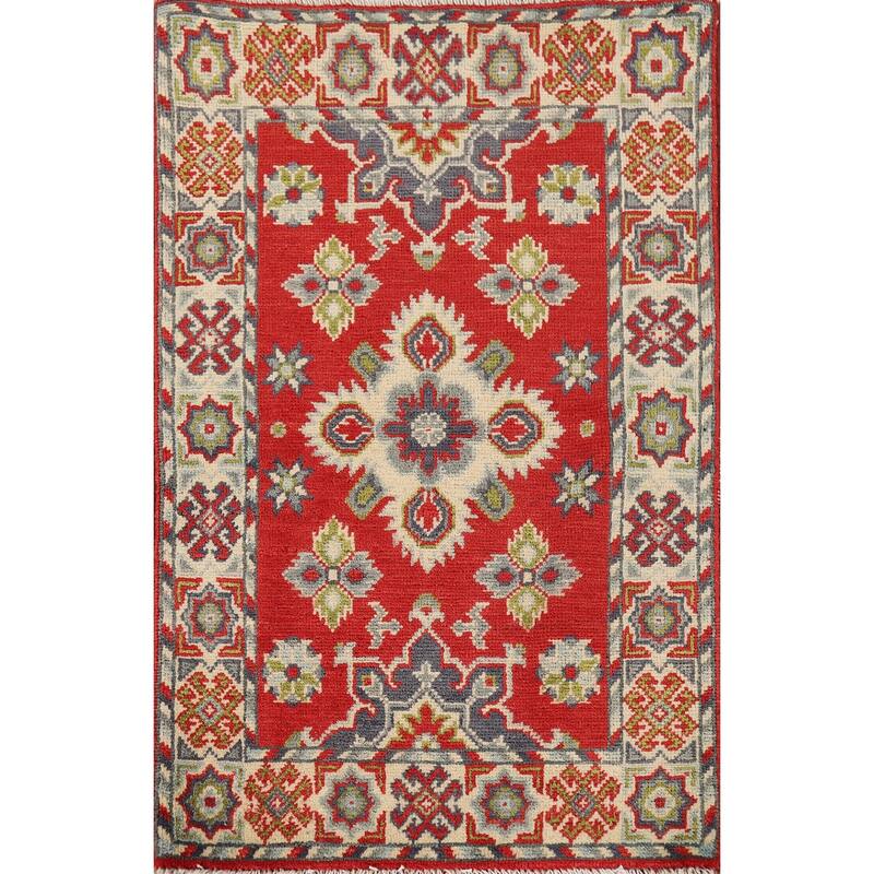 Red Kazak Oriental Foyer Rug Hand-Knotted Geometric Wool Carpet - 2'0" x 3'1"