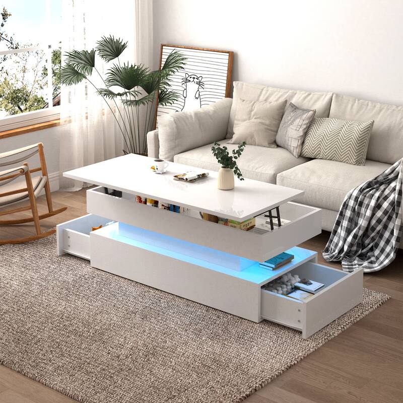 Three-Tier Foldable Coffee Table With Drawers - White
