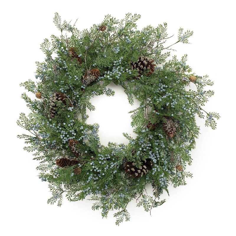 Mixed Juniper and Natural Pinecone Wreath with Wired Branches for Front Door and Indoor Decoration - 26”L x 26”W x 8”H