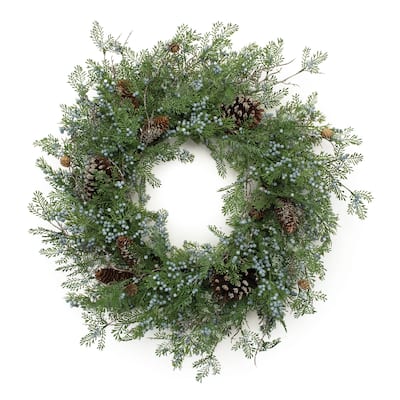 Mixed Juniper and Natural Pinecone Wreath with Wired Branches for Front Door and Indoor Decoration - 26”L x 26”W x 8”H