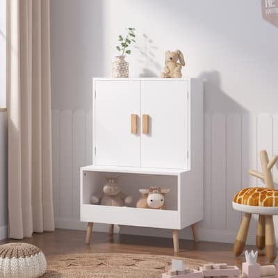 White Modern Kids Toy Storage Cabinet with Doors & Open Shelf - Wooden Organizer for Playroom, Nursery & Bedroom