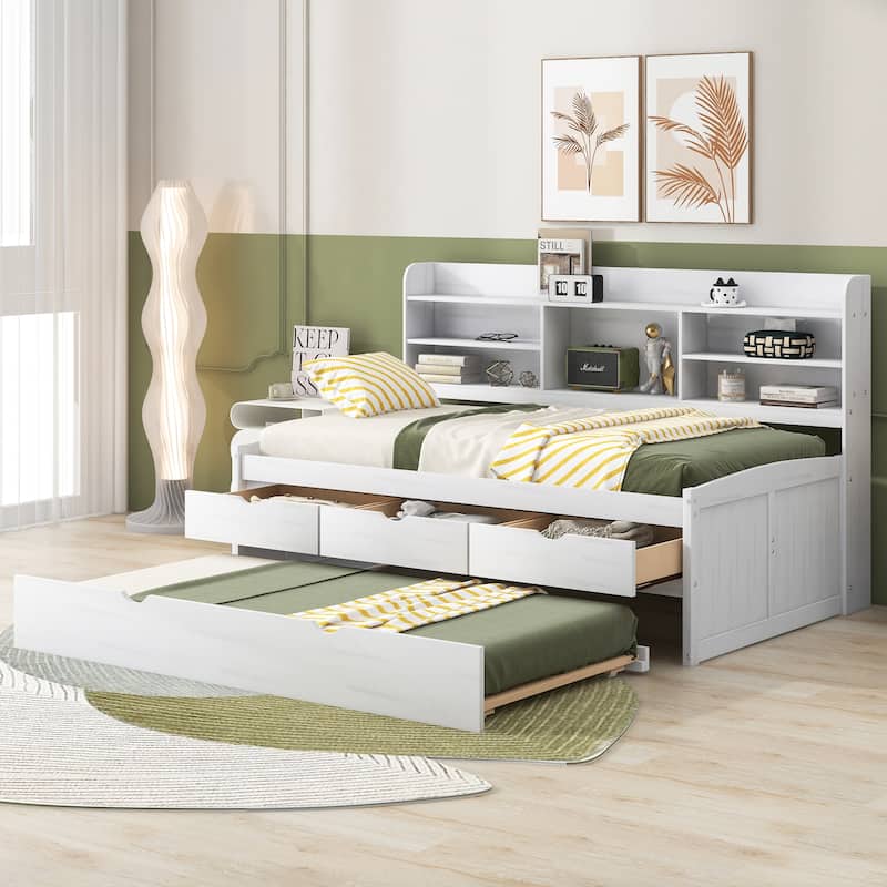 White Twin Pine Captain Bed with Shelves, Drawers & Trundle