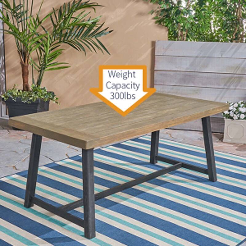 Roomfitters 7-Piece Outdoor Dining Set Acacia Wood Table Wicker Iron Chairs Patio Furniture, Grey Black