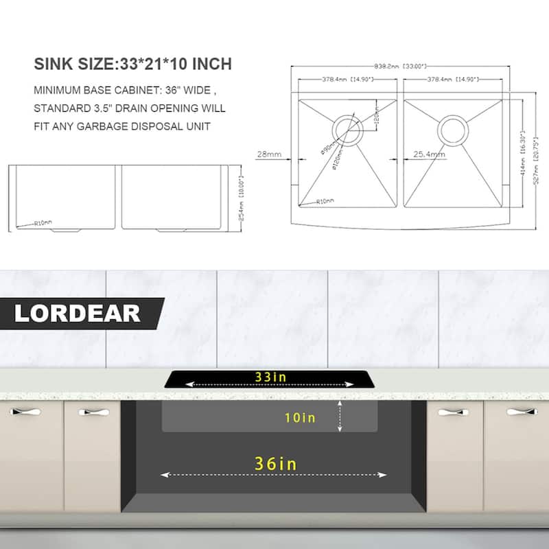 33-in 16 Gauge Stainless Steel Double Bowl Farmhouse Kitchen Sink