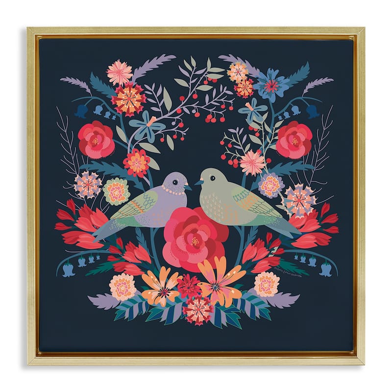 Stupell Symmetrical Birds & Flowers Framed Floater Canvas Wall Art Design By Verbrugge Watercolor - 18 x 18 - Gold