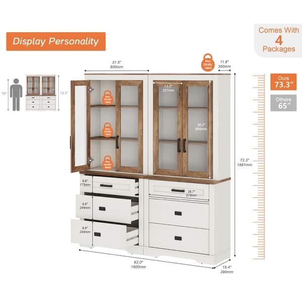 dimension image slide 1 of 9, 3 Tier Bookcase with Drawer,73.3" Tall Floor Standing Bookshelf