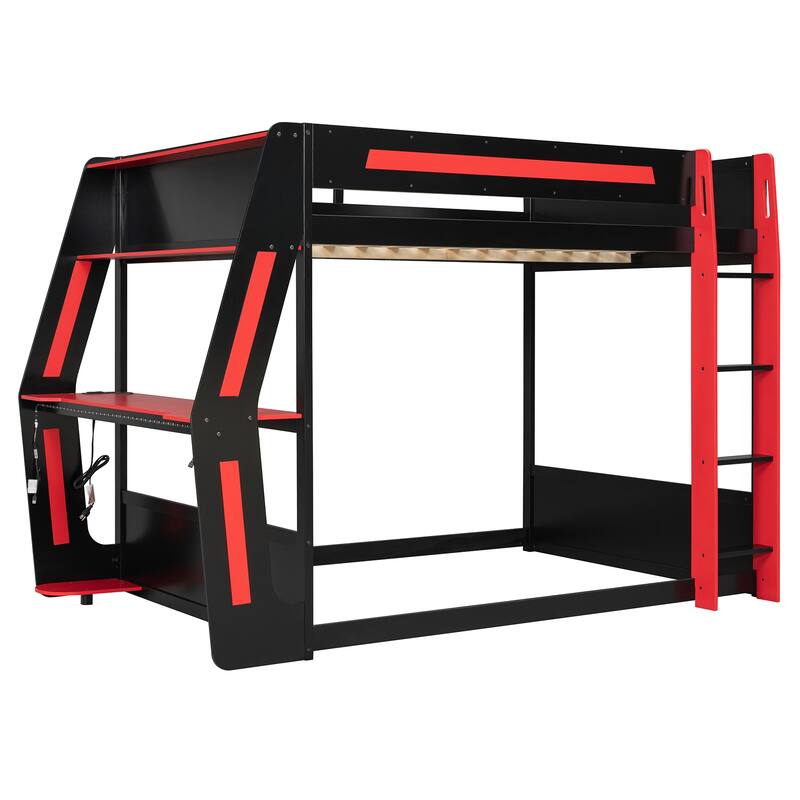 Roomfitters Full Size Gaming Bunk Bed with Oversized RGB Desk and USB Ports, Esports Loft