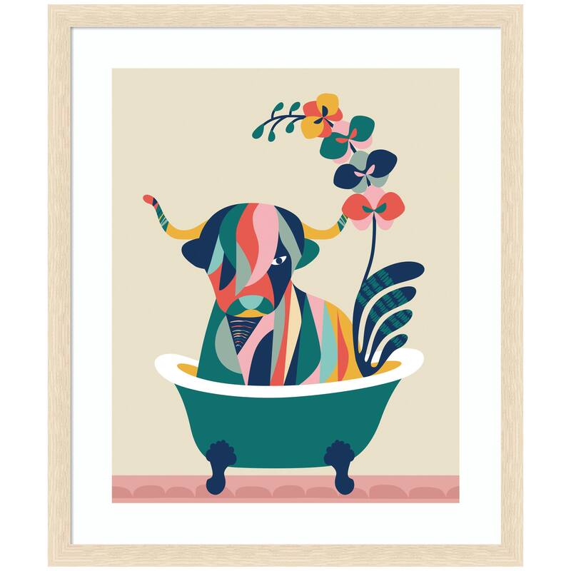 Kate and Laurel Framed Art Mid Century Modern Cow in Bathtub by Rachel Lee - Natural