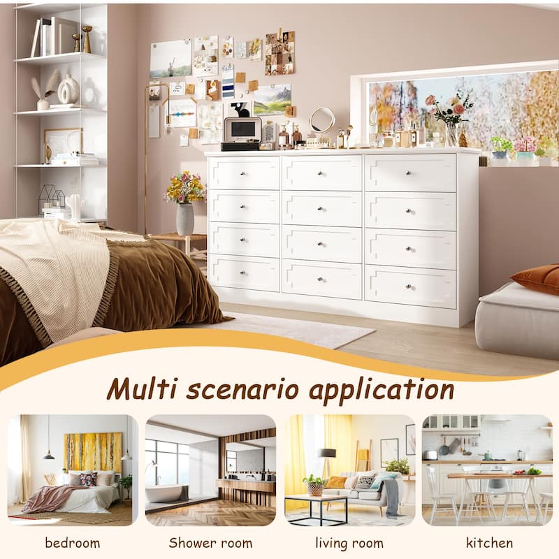 Modern 12-Drawer White Wooden Dresser for Bedroom and Living Room Storage