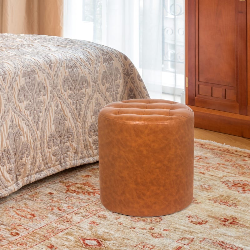 Adeco Round Ottoman Upholstered Tufted Faux Leather Footrest