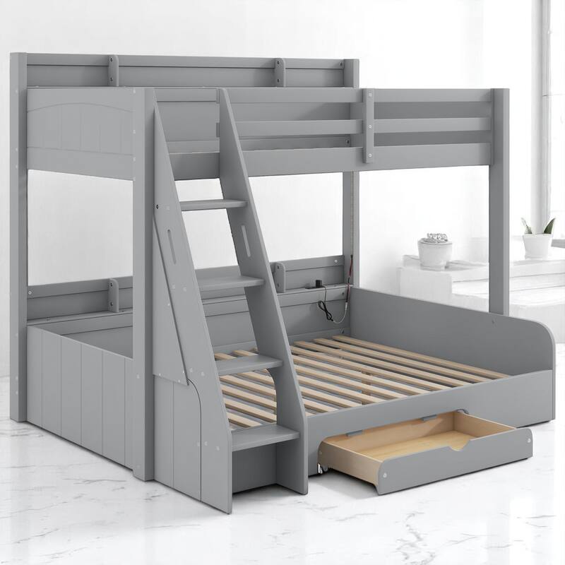 Twin Over Full Bunk Bed with Storage Shelves, LED Lights, Charging Station, and Drawer, kid bed,Storage bed