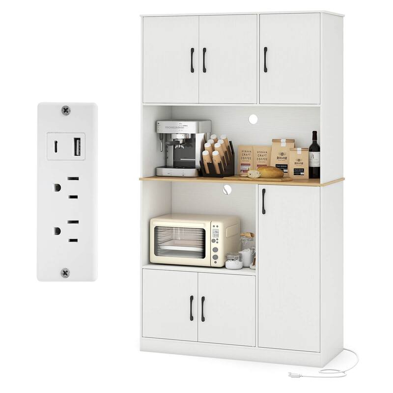 Costway 71" Tall Kitchen Pantry Cabinet with Charging Station - See Details - White & Natural
