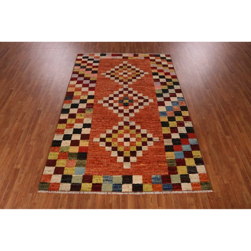 Checkered Orange Moroccan Oriental Rug Handmade Wool Carpet - 6'7" x 9'8"