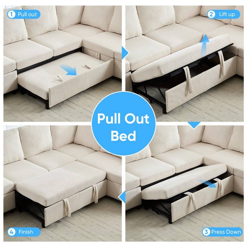Mixoy 6 Seat U-Shaped Modular Sectional Sofa with Pull Out Bed, Sleeper Sofa Bed with Cup Holders & Storage