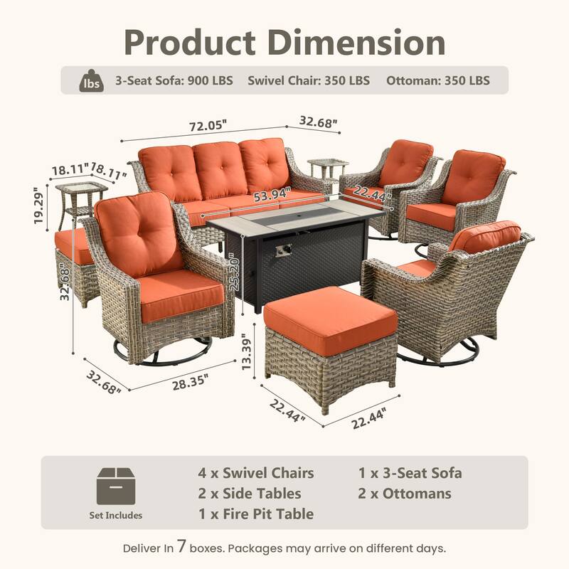 HOOOWOOO 10-piece Wicker Outdoor Patio High Back Swivel Chair Set with Fire Pit