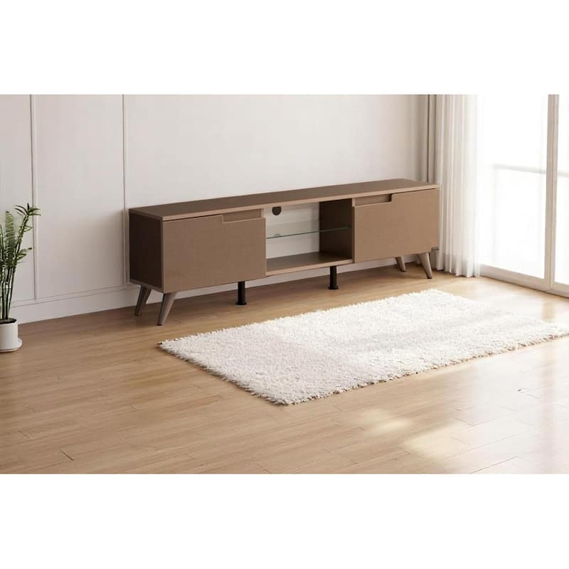 Dannie Modern TV Stand with 2 Doors Storage Cabinets 1 Glass Shelf, Wood Finish, Living Room Entertainment Center