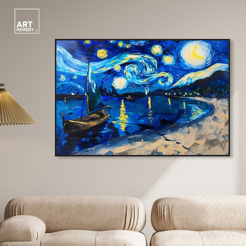 Art Remedy Whimsical Night Sail Framed Impressionism 1 Piece Canvas Wall Art /Monet And Van Gogh Inspired Art