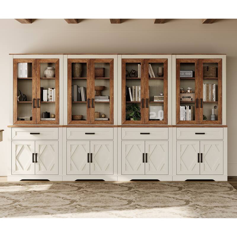 5 Tier 4-Column Bookshelf Set with Open Storage and Glass Doors - Cream White - 4 Glass Door