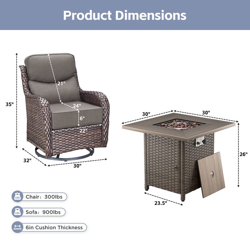 Arcadia 5-Piece Patio Conversation Set with 4 Swivel Glider Chairs and Wicker Square Fire Pit
