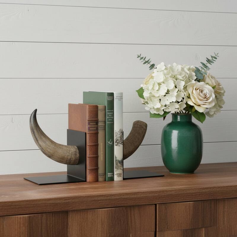 HomeRoots Set of Two Brown And Black Resin And Metal Horn Decorative Bookends - 5.5118" H x 6.4961" W x 5.5" D