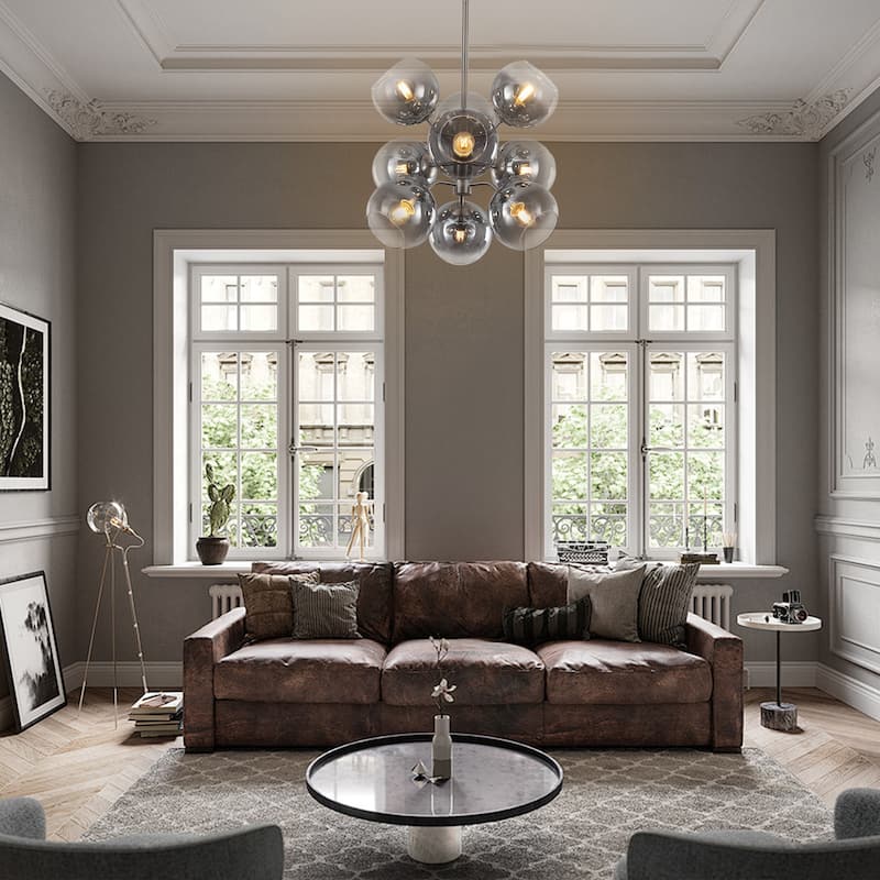 9 - Light Sputnik Chandelier, Smoked Glass Shades, Brushed Nickel Frame - Sand Nickel