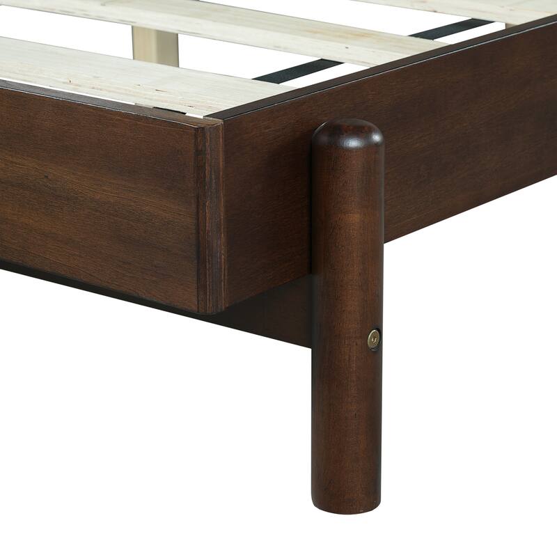 Low-Profile Platform Bed Frame with Upholstered Panel Headboard Wood Slat Supports and Center Support Legs for Bedroom Apartment