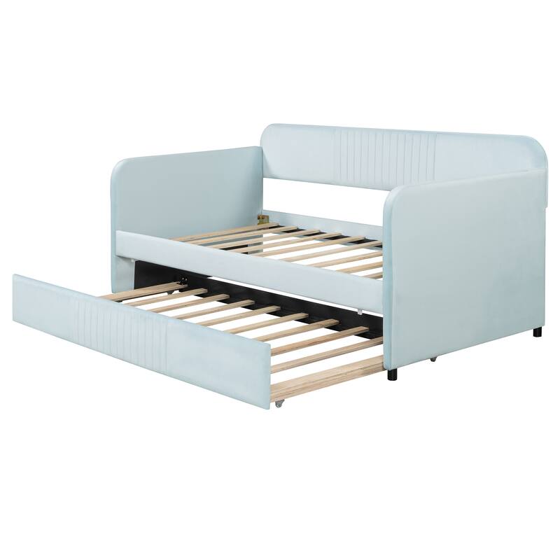Light Blue Velvet Upholstered Twin Daybed with Trundle and Wood Slats