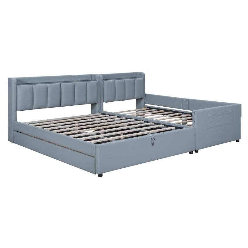 Queen Size/Twin XL Size Upholstered Platform Bed Frame with Hydraulic Storage System, Drawer,Shelves and UPS Ports