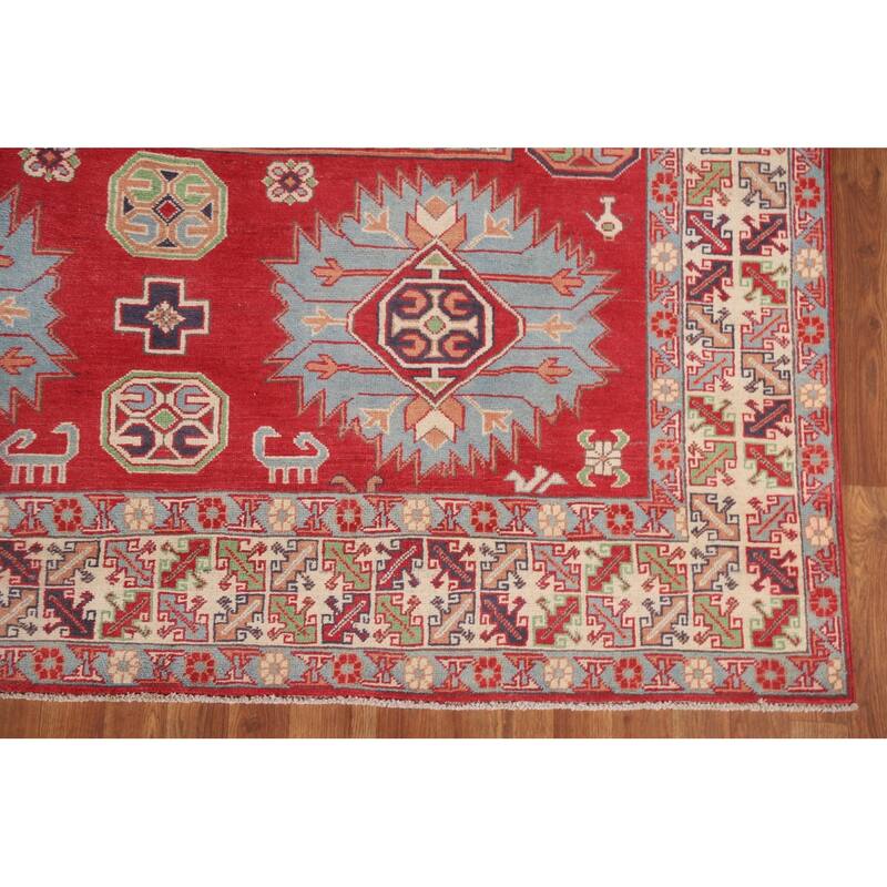 Hand Knotted Oriental 100% Wool Carpet Traditional Geometric Red Kazak Area Rug - 9' 7'' X 6' 4''