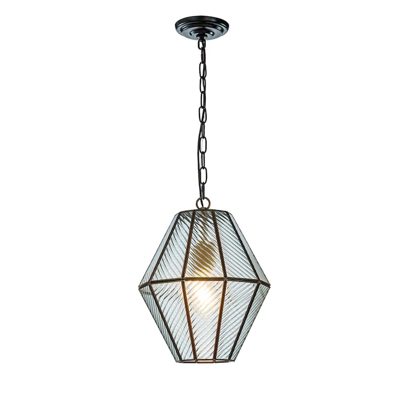 OB - 1-Light Matte Black Modern Ribbed Glass Chandelier Industrial Lantern Pendant Light for Kitchen Island - W12'' - W12'' - Matte Black