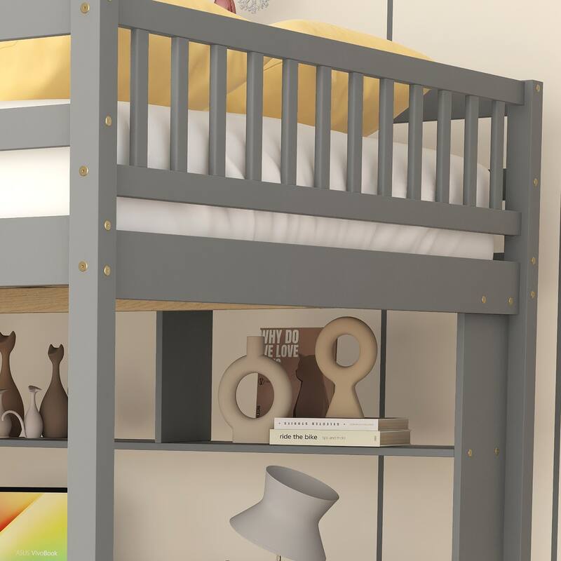 Full Size Loft Bed with Display Stand Desk Underneath, Wood High Loft Bed Frame with Storage Staircase and Storage Shelves