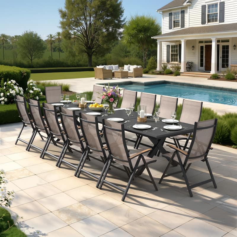 13/15-Piece Outdoor Patio All-Weather X-Shaped Aluminum Dining Set Table with Folding Chairs - 15PC-BlackTable&EsspresoChairs