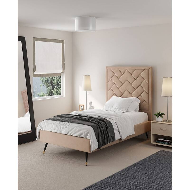 Manhattan Comfort Crosby Modern Velvet Upholstered Bed - Nude - Twin
