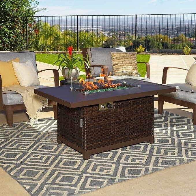 Kinger Home Novi Rattan Propane Gas Fire Pit Table Aluminum Frame - 52-Inch - Brown