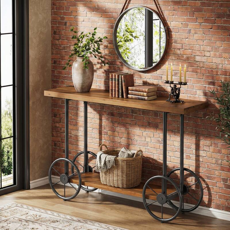 2-tier Solid Wood Console Sofa Table with Storage Shelves