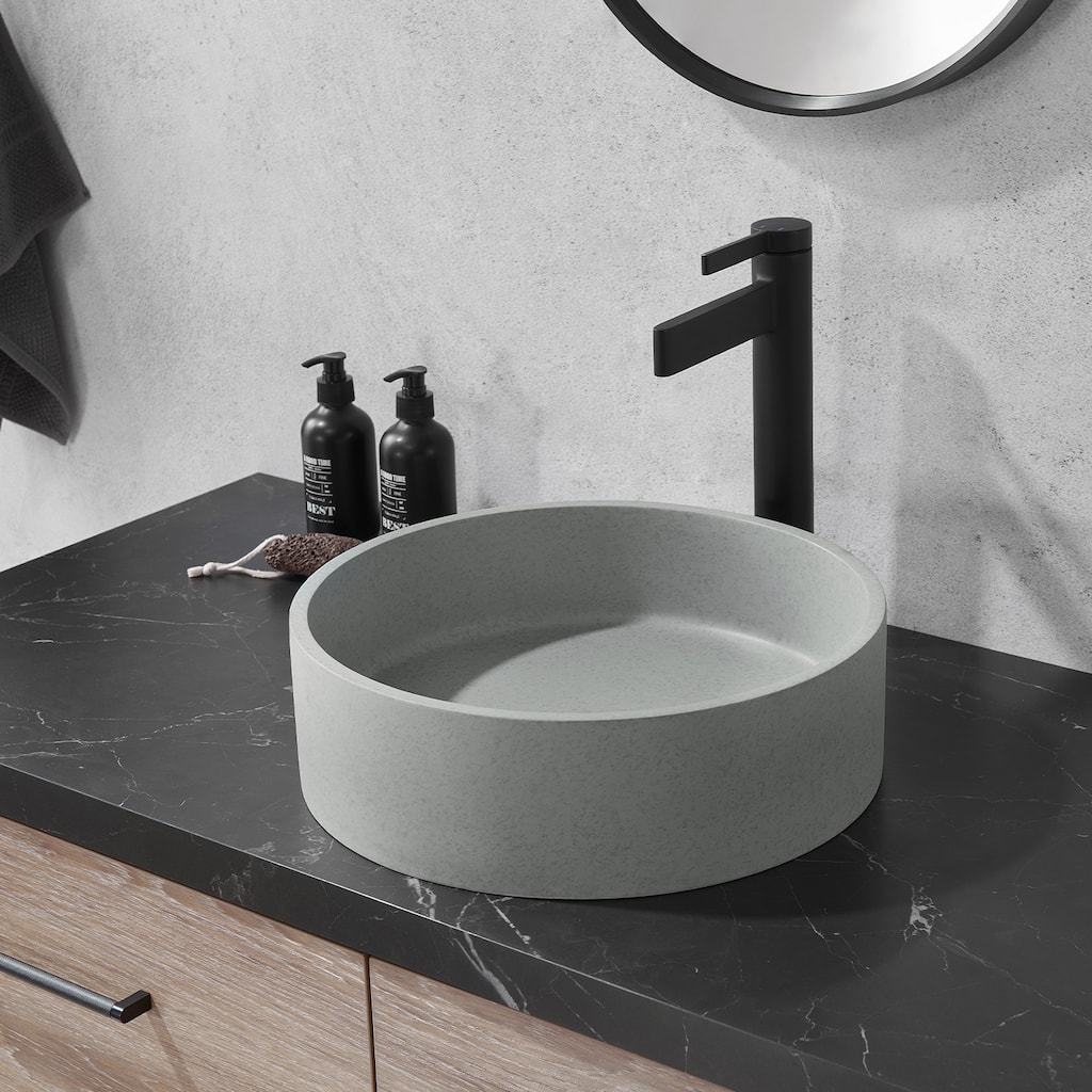 Vinnova Moguer Grey Concrete Circular Vessel Bathroom Sink - 15.4"L×15.4"W×4.7"H