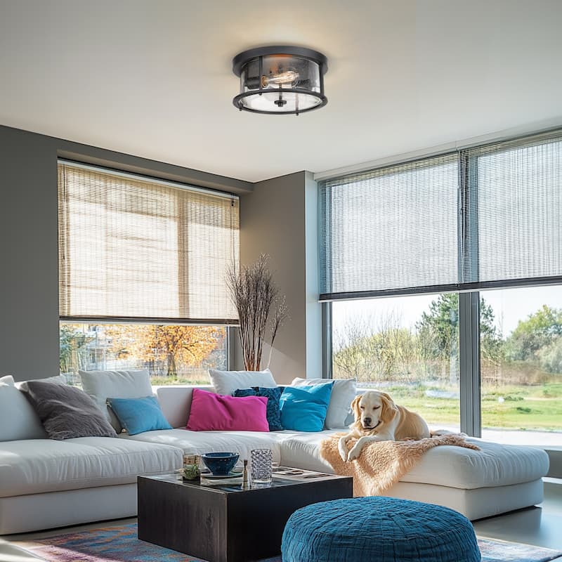 2 Light Flush Mount Ceiling Light Matte Black Finish with Seeded Glass - 12" x 12" x 5.6"(L x W x H)