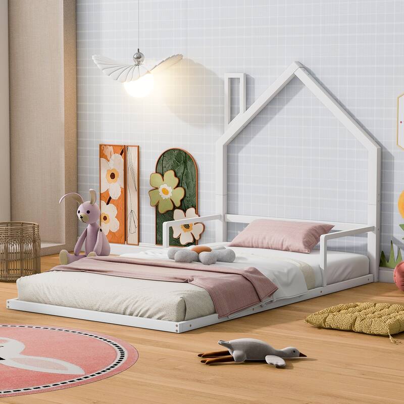 Metal Floor Bed with House-shaped Headboard