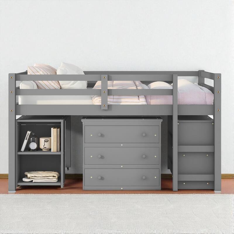 Twin/Full Size Low Loft Bed with Cabinet, Rolling Desk and Bookshelf, Solid Wood Frame for Kids