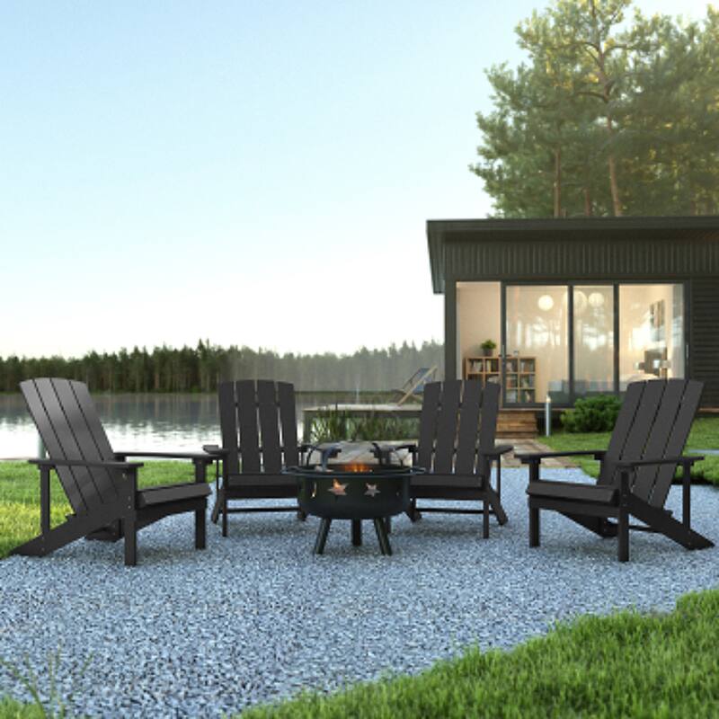 Star and Moon Fire Pit with Mesh Cover & 4 Poly Resin Adirondack Chairs - Silver