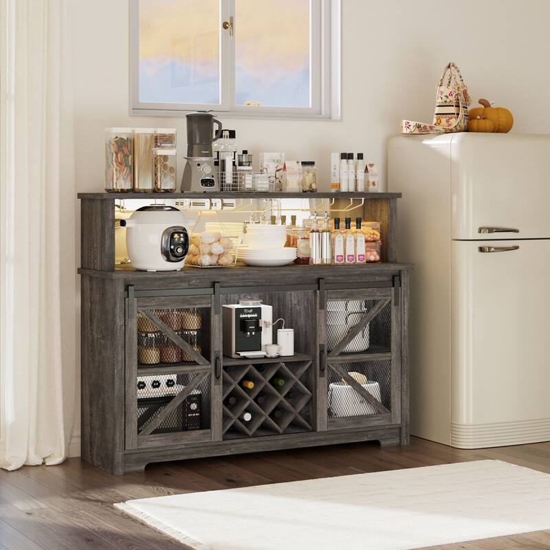 Gymojoy 16-Color LED Bar Cabinet with Wine Rack, White Kitchen Hutch for Coffee Bar & Dining Room, Farmhouse Storage Cabinet