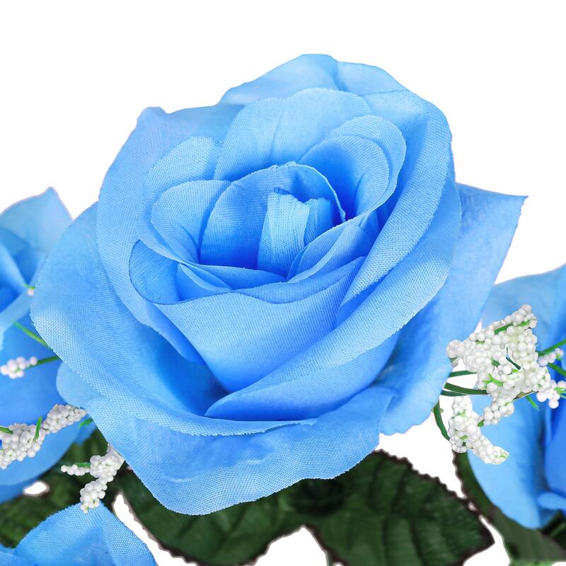 Set of 12 Blue Artificial Open Rose Flower Stem Bush Bouquet 14in - 14" L x 7" W x 7" DP