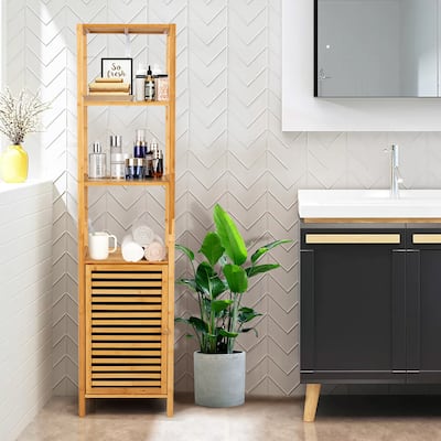 4 Tiers Bamboo Bathroom Storage Floor Cabinet Tower Corner Rack