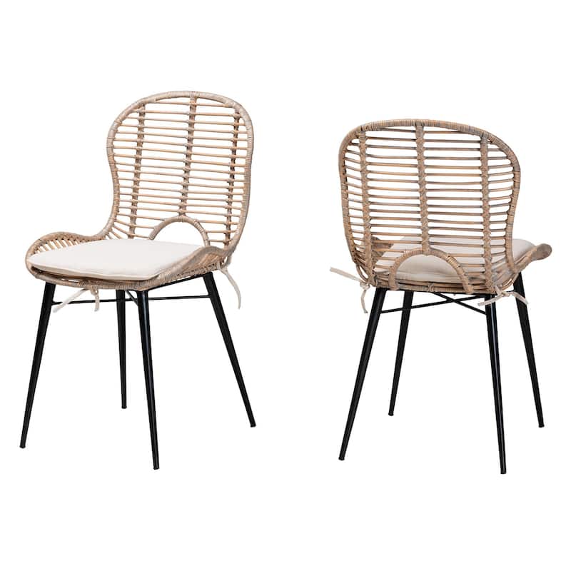 Brenna Modern Bohemian Rattan and Metal 2-Piece Dining Chair Set - Greywash, Natural Brown, White