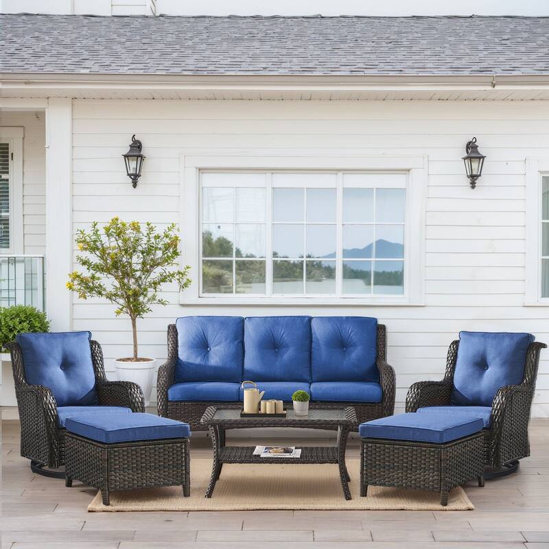 Outdoor Swivel Chairs with Sofa Ottoman Table - Brown - Blue