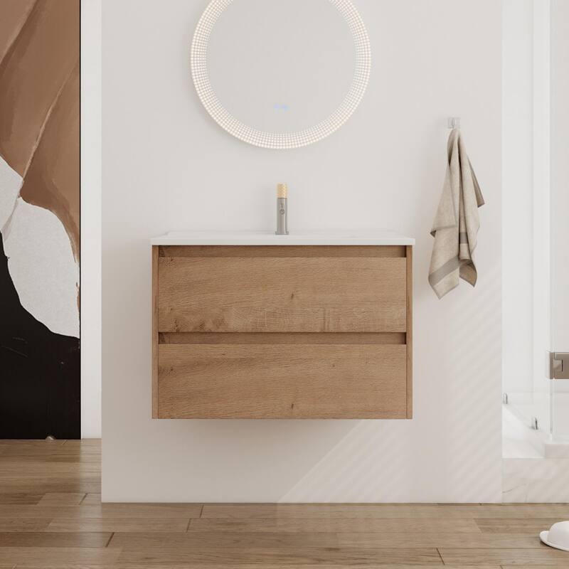 ARTCHIRLY 24/30 Inch Bathroom Vanity with Sink, Floating Bathroom Vanity with 2 Soft Close Drawers - Imitative Oak - 29.9''W×18.3''D×20.5''H