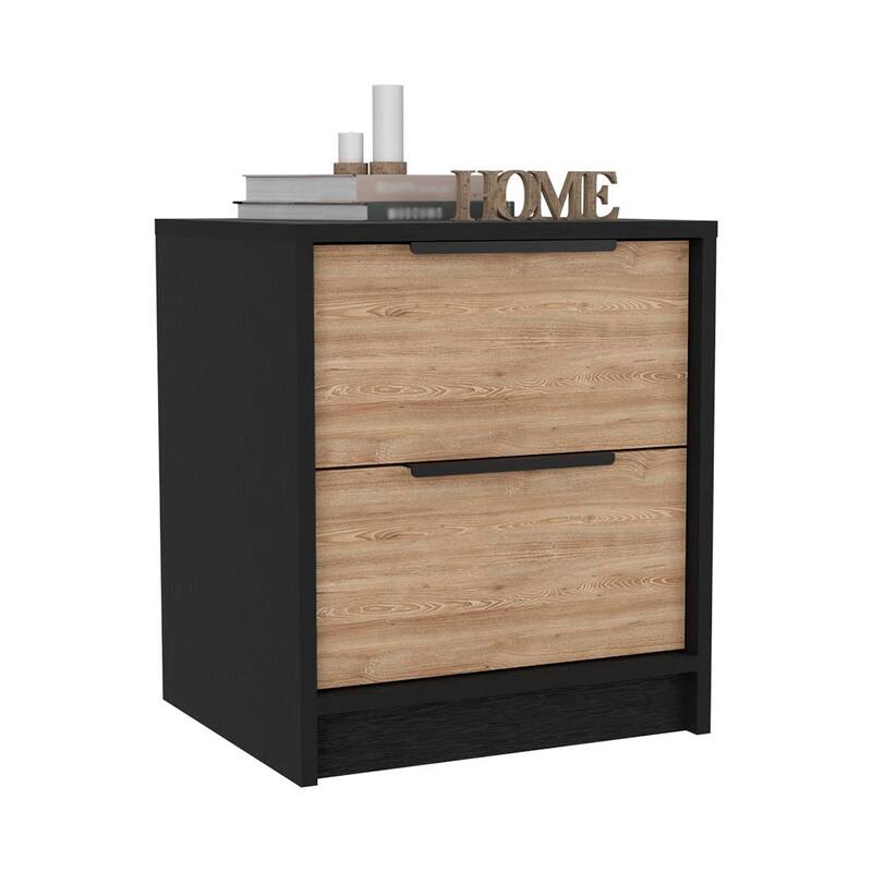 Black Wengue & Pine Nightstand with Two Drawers and Metal Handles